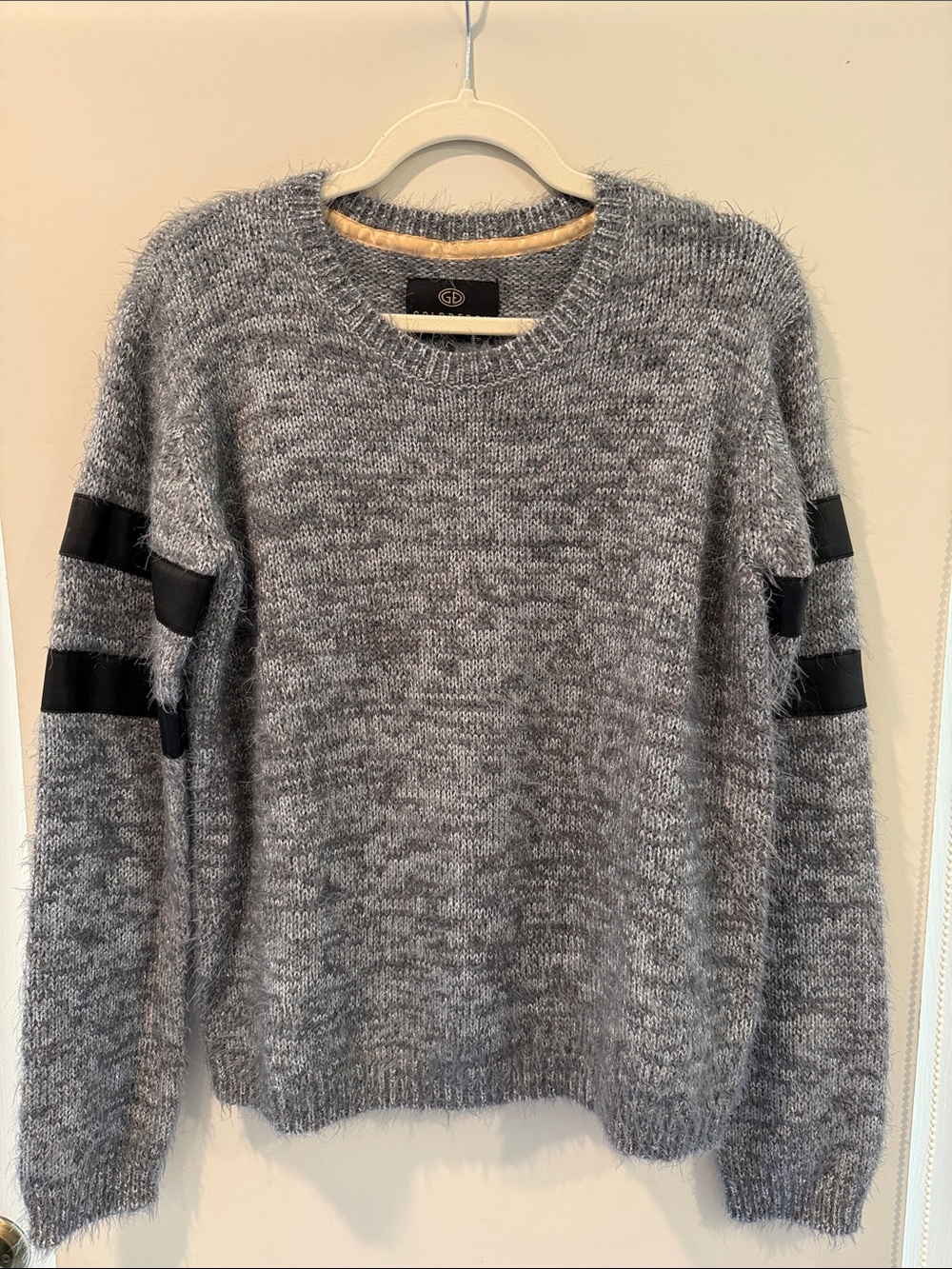 Goldbergh Gray Fuzzy Crewneck Sweater with Black Leather-Like Sleeve Bands